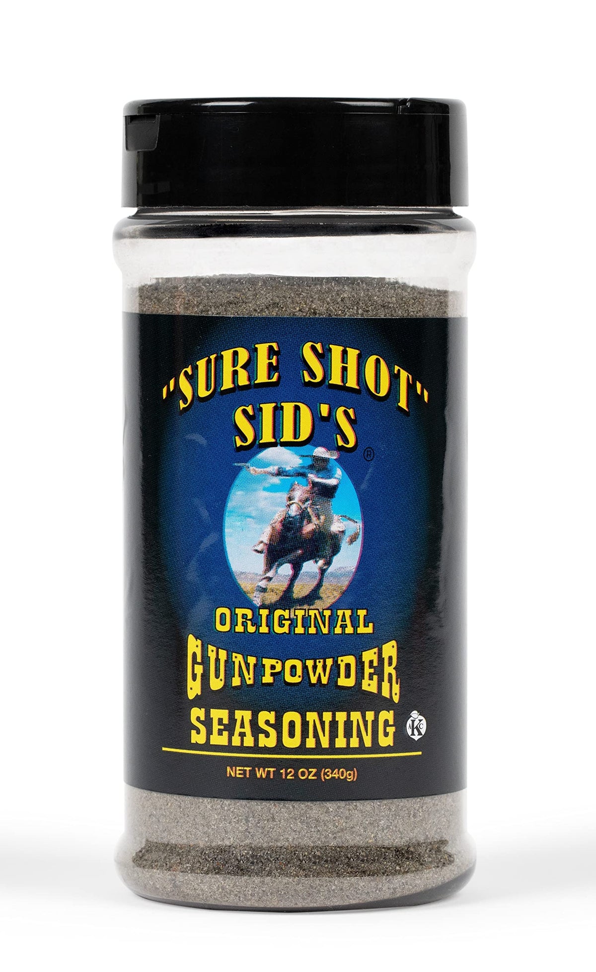 Sure Shot Sid's Original Gunpowder Seasoning bottle pour enhances smoky crust for grilled dishes.