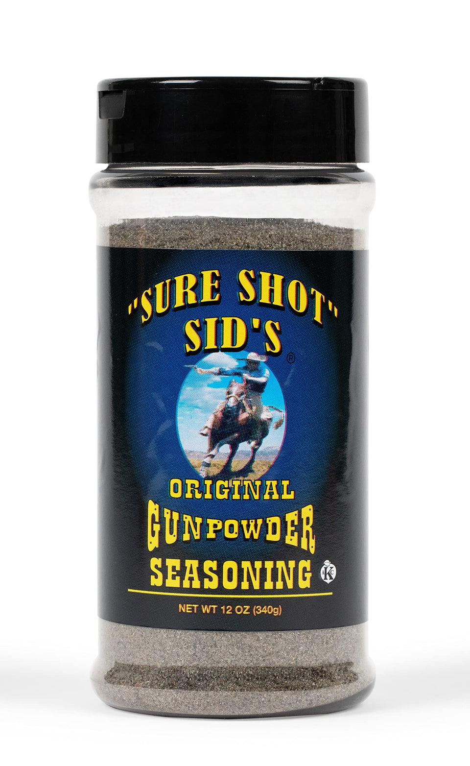 Sure Shot Sid's Original Gunpowder Seasoning bottle pour enhances smoky crust for grilled dishes.