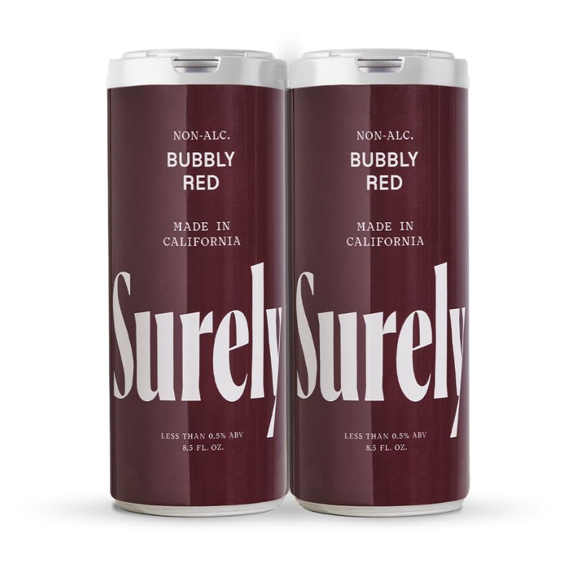 Surely Bubbly Red can top view, low-sugar non-alcoholic red wine option.