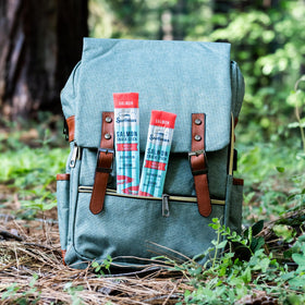 Surfsnax beechwood-smoked salmon jerky with no artificial ingredients.