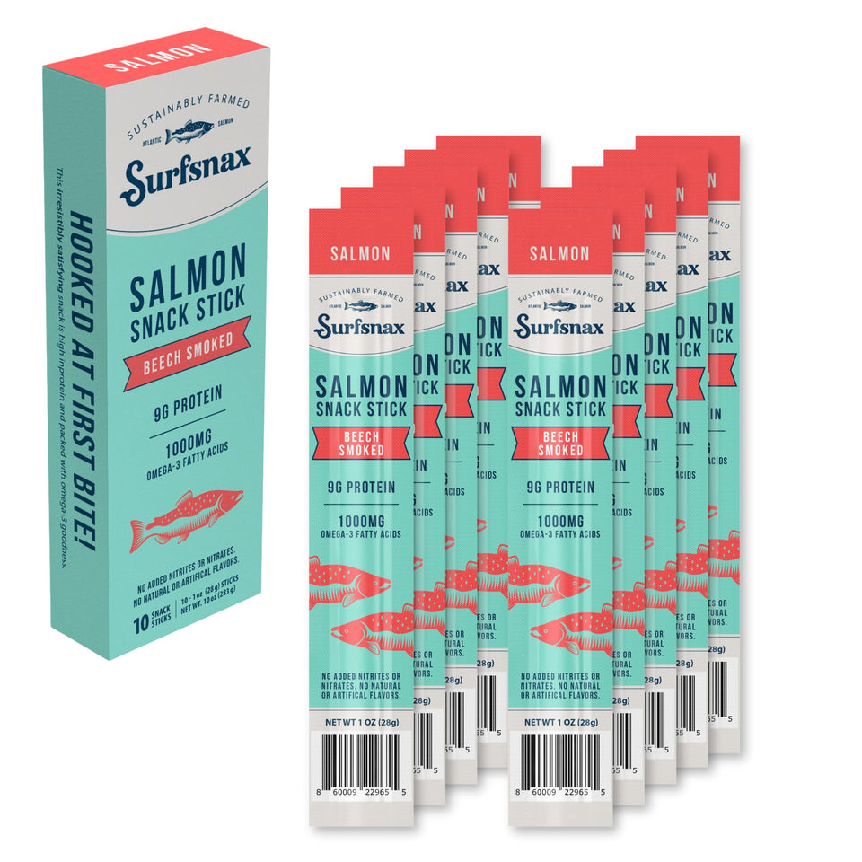 Surfsnax salmon jerky stick beechwood smoked for a savory protein boost.