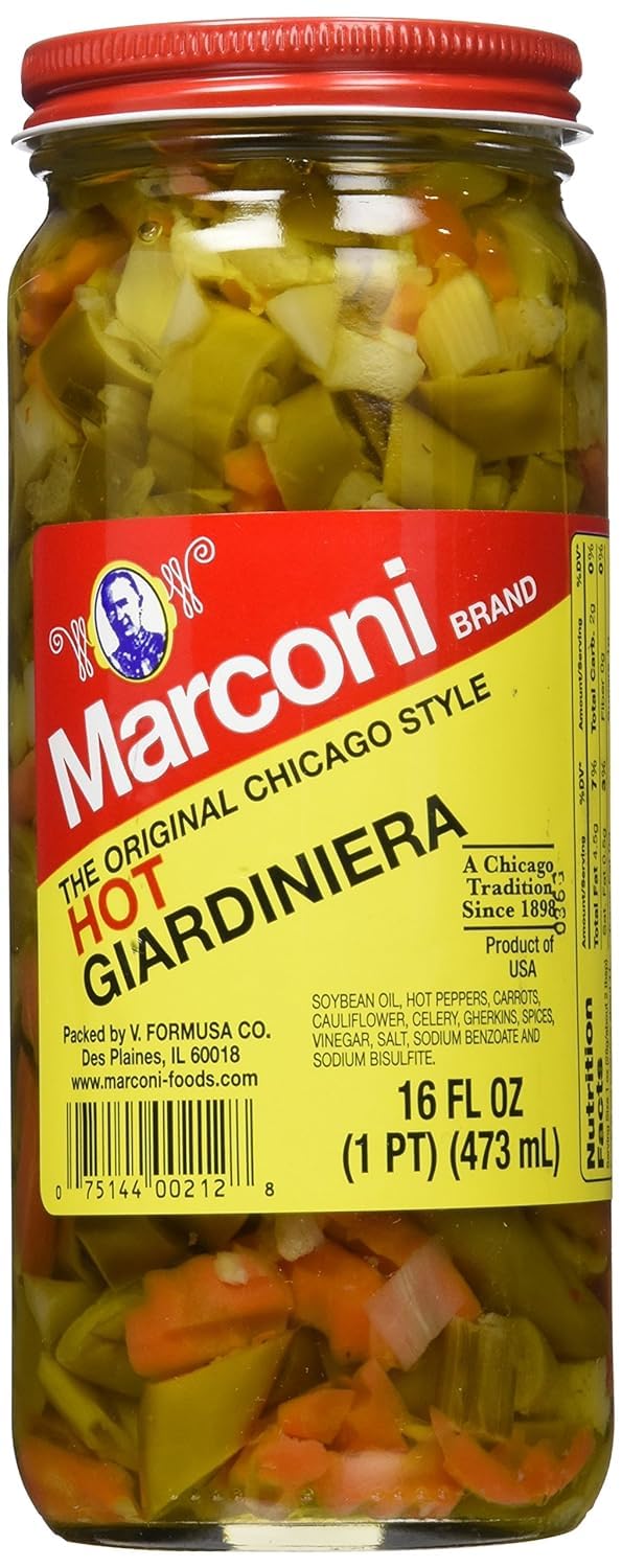 Surgeark Marconi Giardiniera Hot close-up of crisp vegetables in spicy brine.
