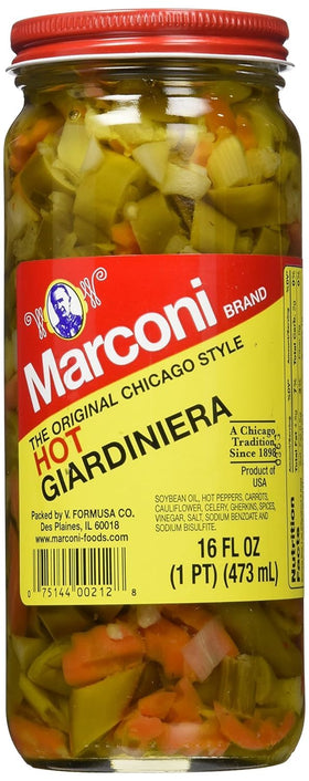 Surgeark Marconi Giardiniera Hot close-up of crisp vegetables in spicy brine.