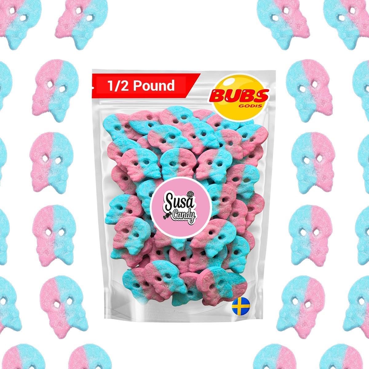 Susa Candy BUBS Sour Dizzy Skulls bubblegum foam candy in a resealable bag for sharing.