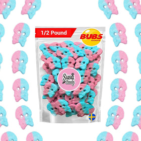 Susa Candy BUBS Sour Dizzy Skulls bubblegum foam candy in a resealable bag for sharing.