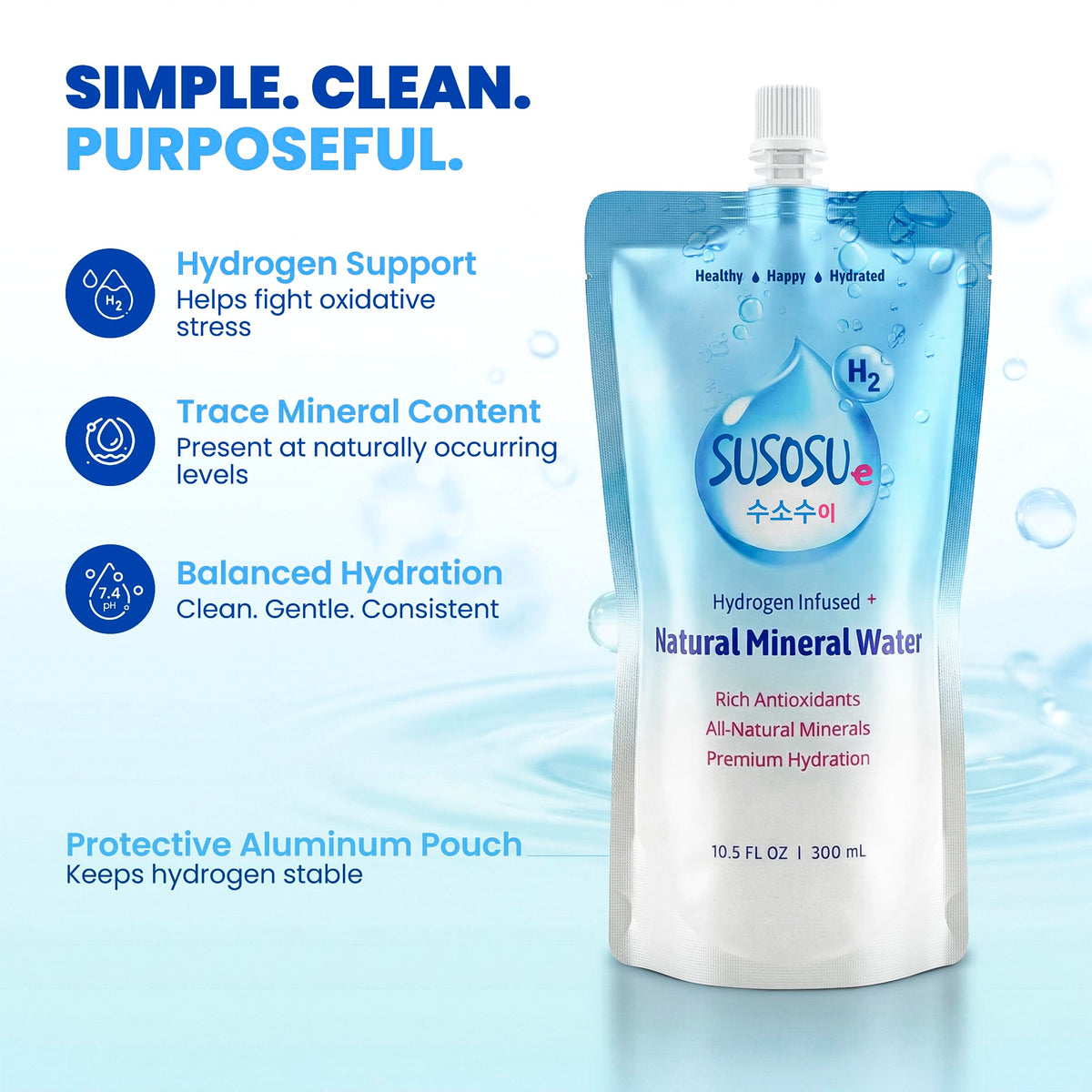 Susosu Water hydrogen-infused bottle highlighting antioxidant-inspired hydration for daily wellness.