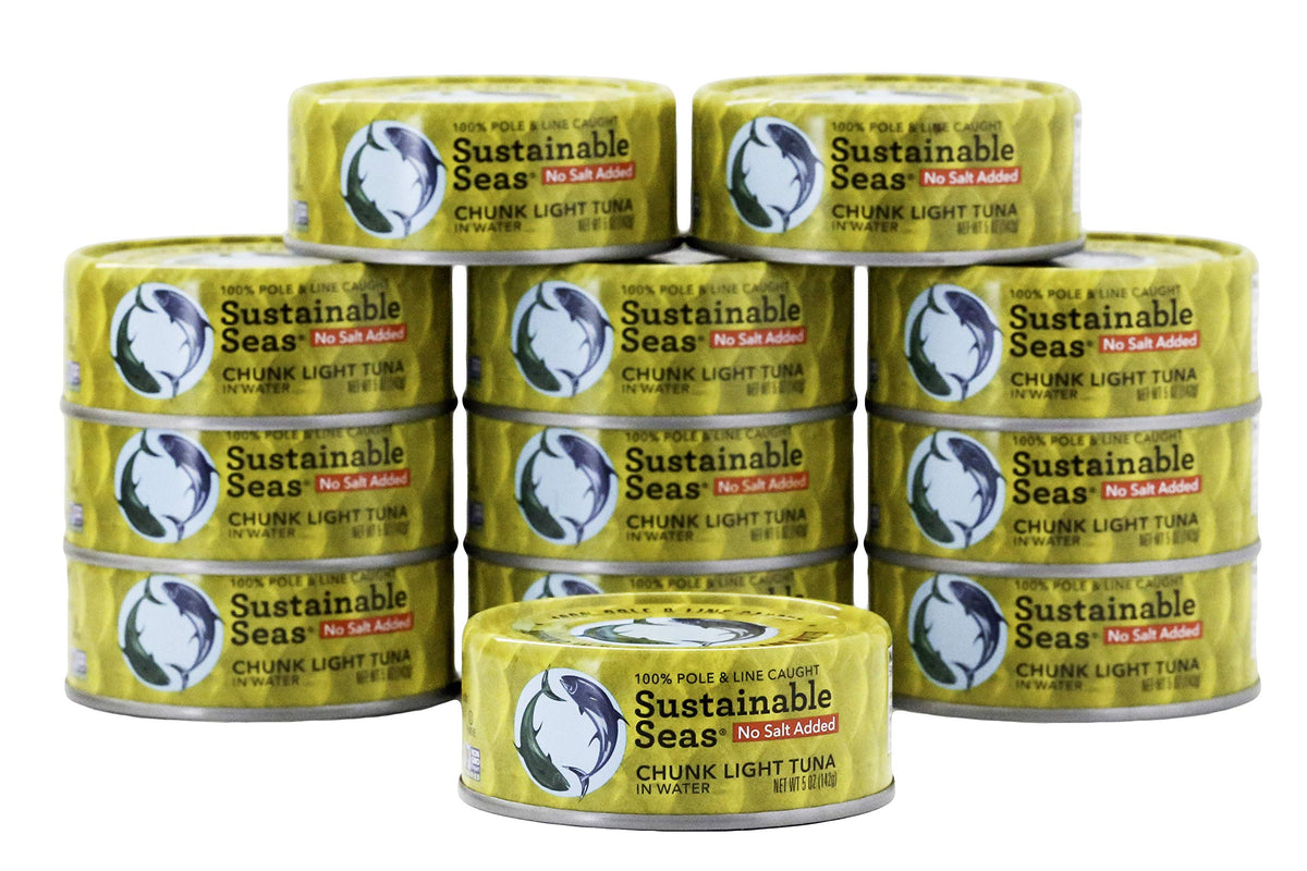 Sustainable Seas chunk light tuna in water can close-up, no salt added, low-calorie option