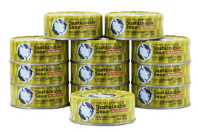 Sustainable Seas chunk light tuna in water can close-up, no salt added, low-calorie option