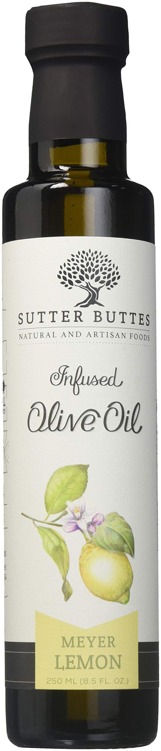 Sutter Buttes Meyer Lemon EVOO bottle showing bright citrus aroma for seafood and dressings.