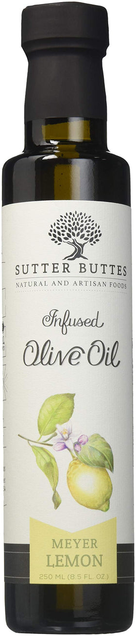 Sutter Buttes Meyer Lemon EVOO bottle showing bright citrus aroma for seafood and dressings.