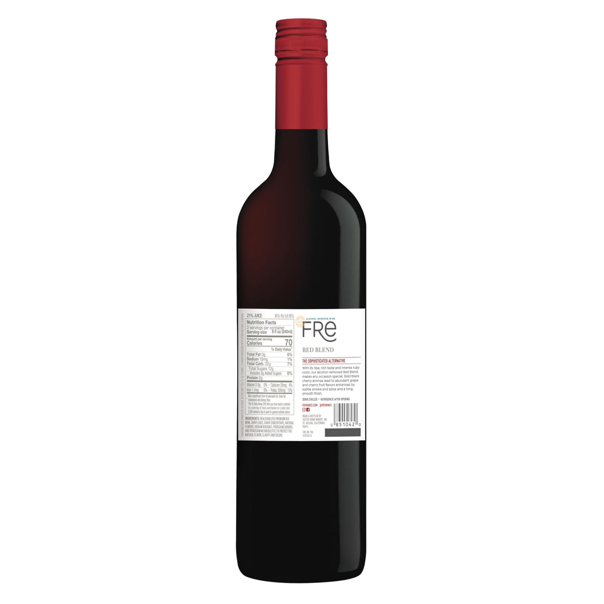 Sutter Home Fre Red Blend bottle label close-up highlighting California vineyards