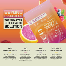 SUU Tribiotics packet dissolves in water for a quick daily ritual.