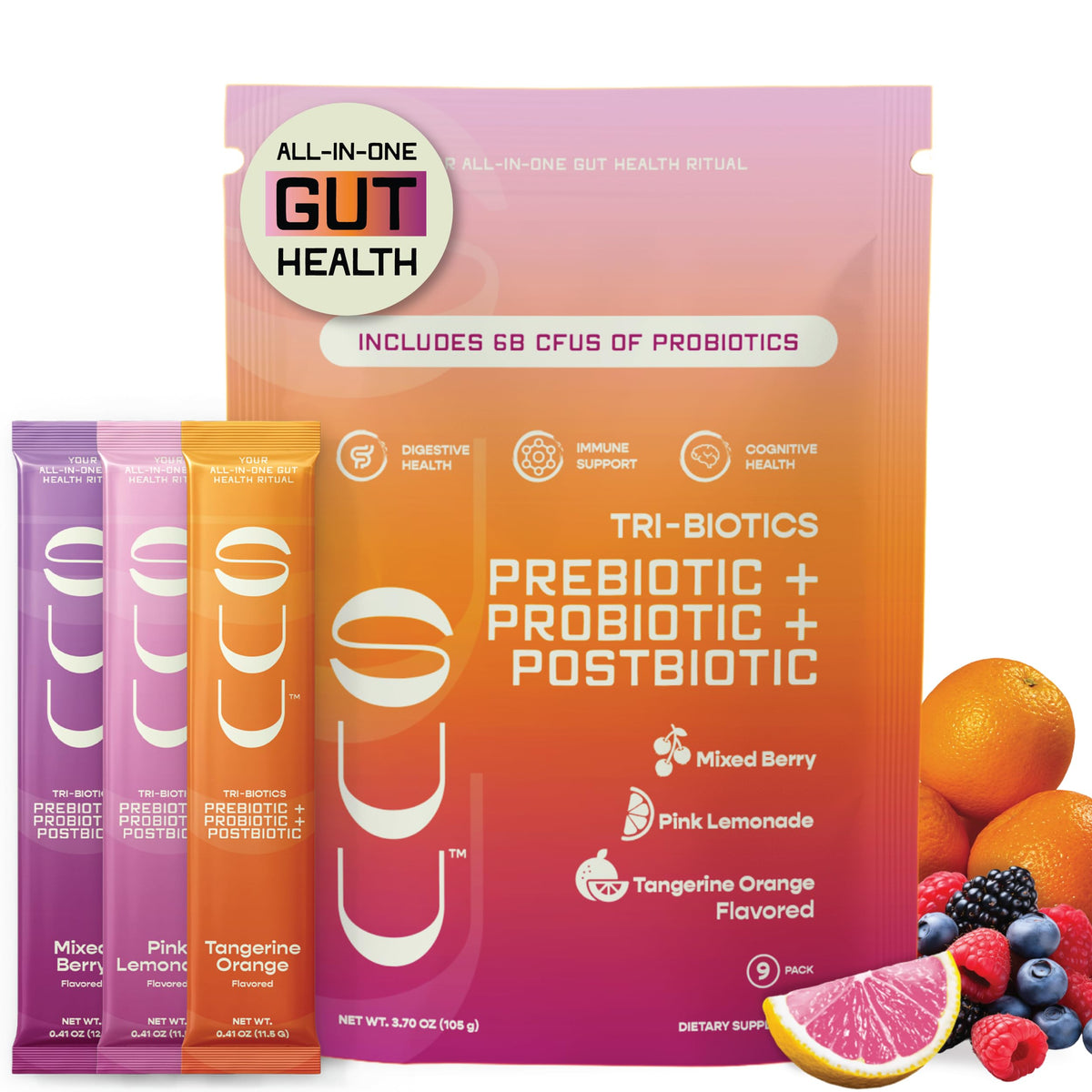 SUU Tribiotics variety pack box, convenient daily probiotic option.