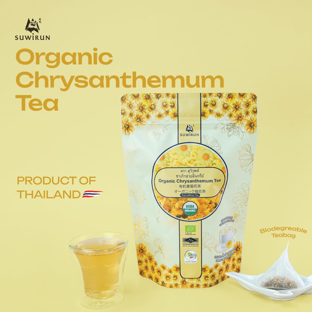 Suwirun chrysanthemum tea bags close-up, pure floral aroma for calming moments.