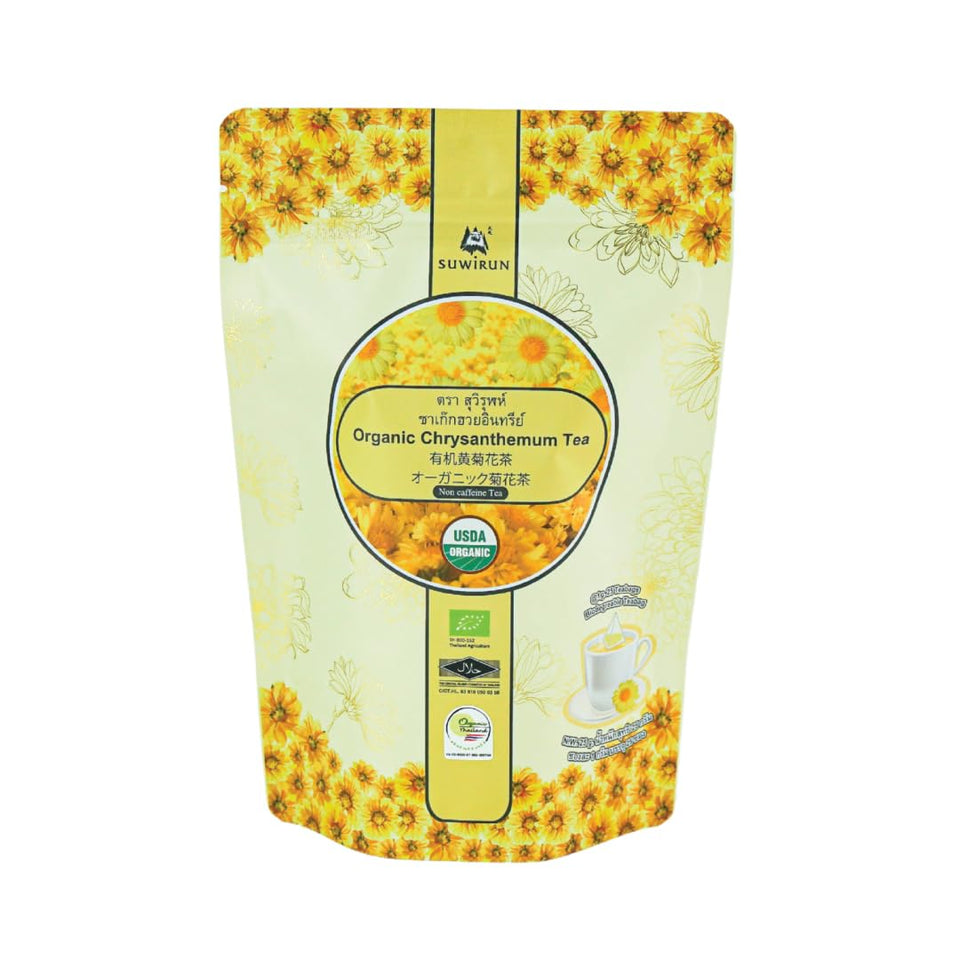 Suwirun Organic Chrysanthemum Tea pack on a clean surface, caffeine-free relaxation.