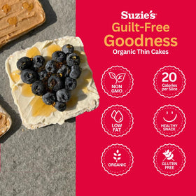 Close-up of the crisp texture of Suzie’s Brown Rice Cake Thins.
