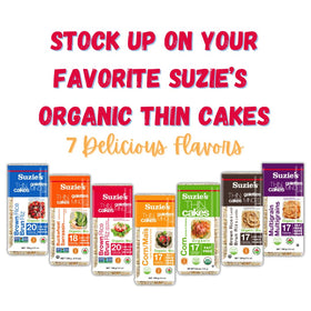 Lunchbox-friendly Suzie’s Rice Cake Thins for on-the-go crunch.