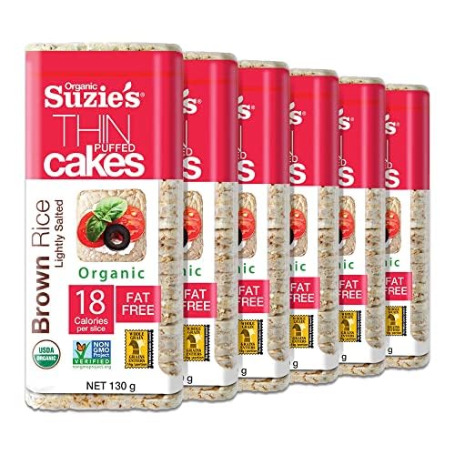 Suzie’s Organic Brown Rice Cake Thins pack front, gluten-free, low-calorie snack.