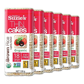 Suzie’s Organic Brown Rice Cake Thins pack front, gluten-free, low-calorie snack.