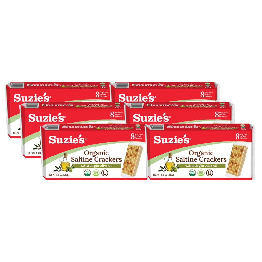 Suzie's Organic Saltines pack shot, inviting vegan snack option.