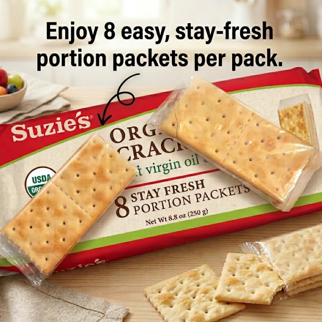 Close-up of the crunchy texture of Suzie's Organic Saltines with olive oil sheen.