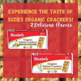 Suzie's Saltines served beside soup for a cozy meal.