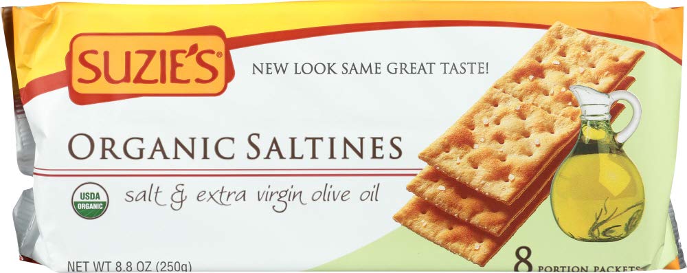 Suzie's Organic Saltines front pack, a convenient 3-pack for pantry snacking.