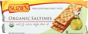 Suzie's Organic Saltines front pack, a convenient 3-pack for pantry snacking.
