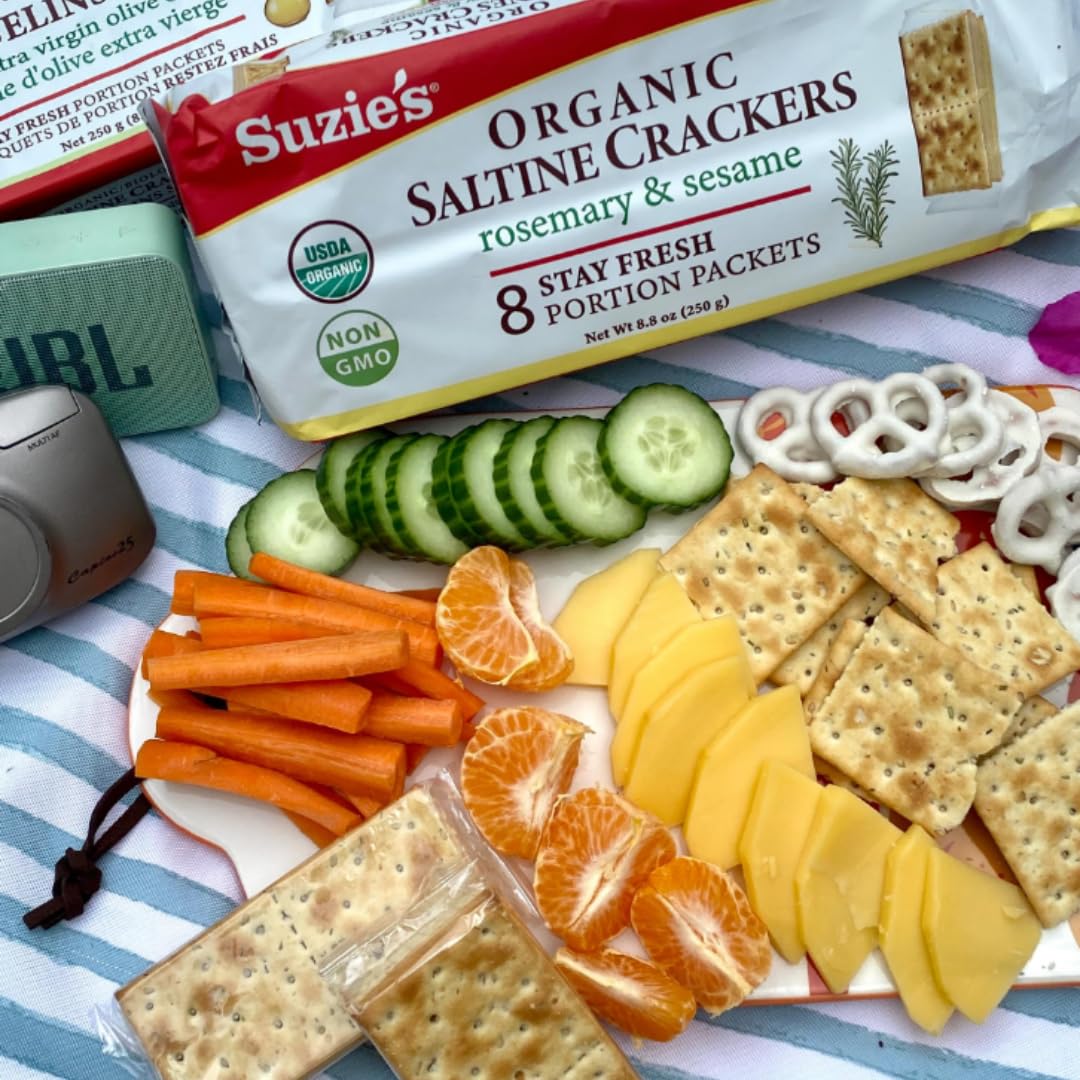 Suzie’s Organic Saltines nutrition label close-up for mindful snacking.