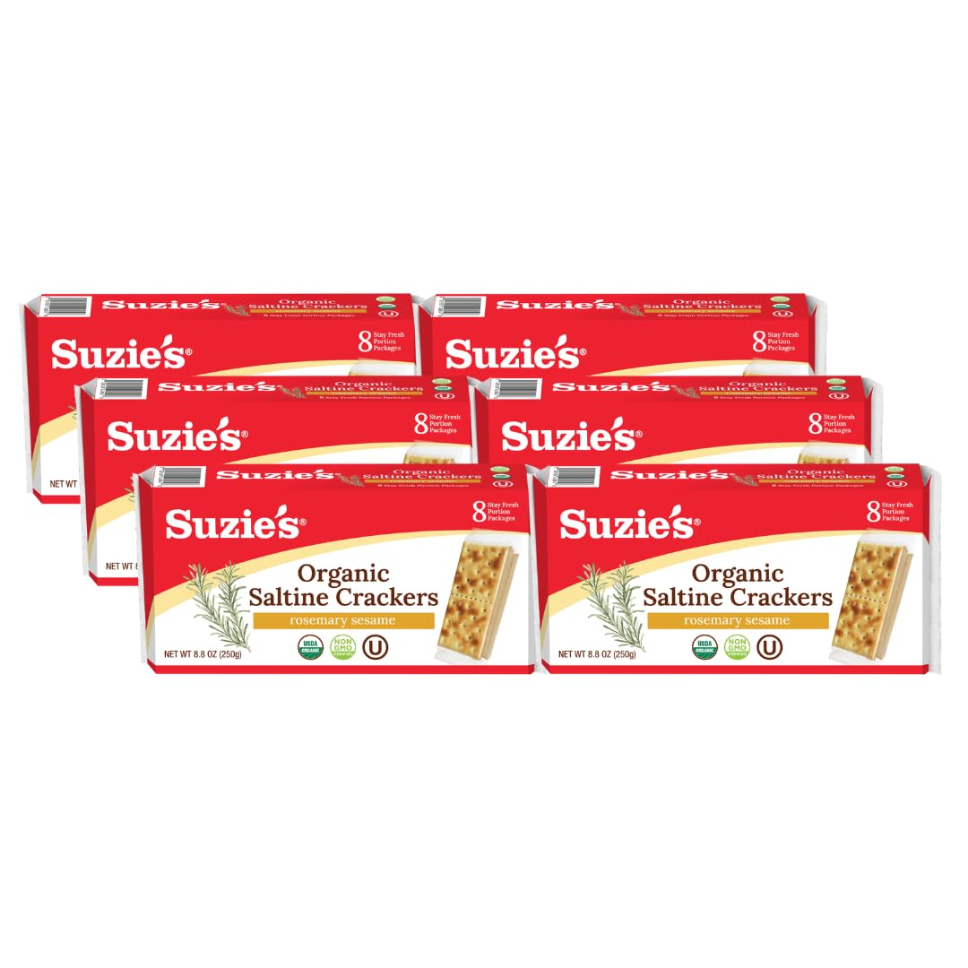 Suzie’s Organic Saltines Rosemary Sesame pack front showing a wholesome baked snack.