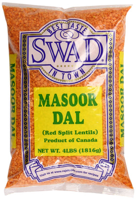 Swad Masoor Dal packaging shows a 4-pound bag for family meals.