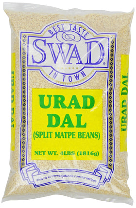 Swad Urad Dal Matpe split packaging image showing 4 lb bag for dosa and idli prep.