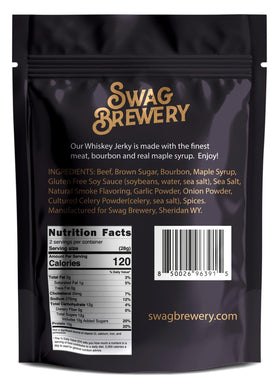 Swag Brewery Whiskey Jerky slices close-up, bold bourbon flavor for snacking.
