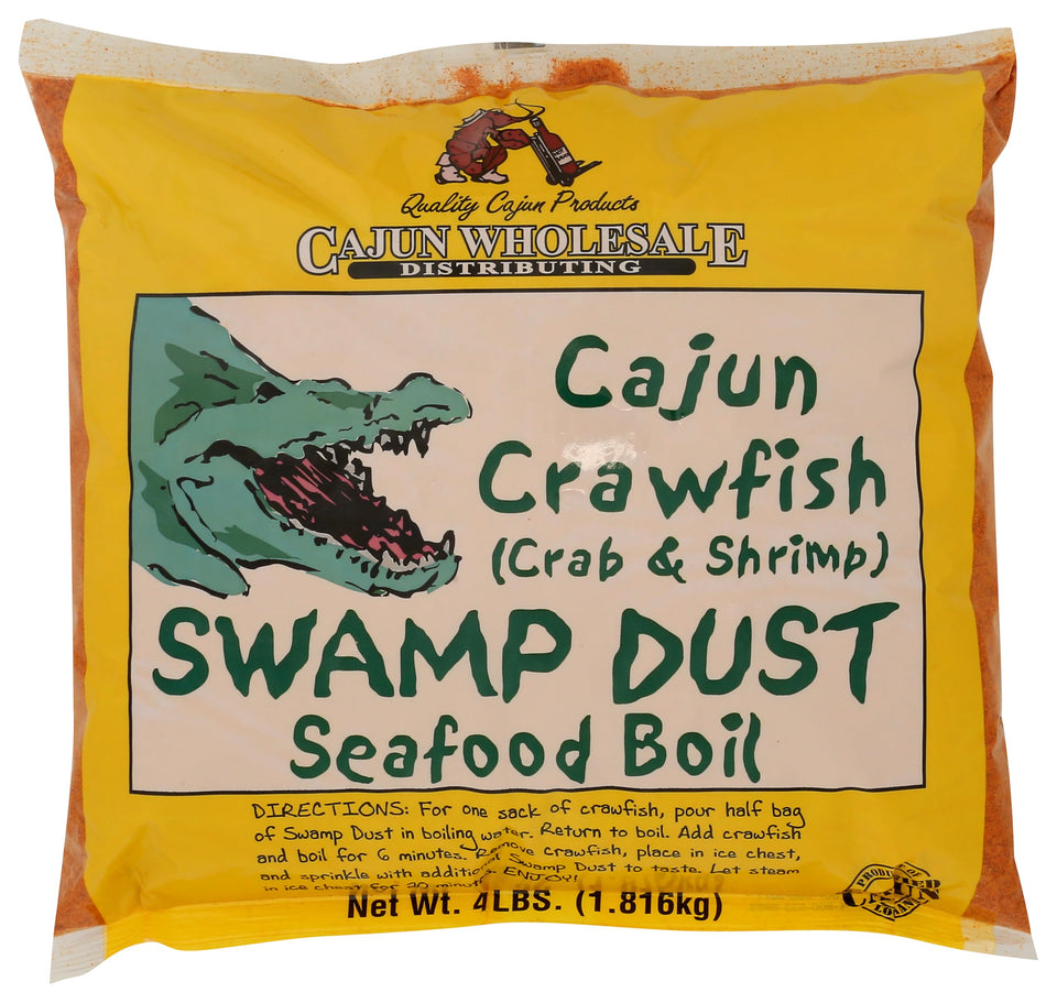 Swamp Dust Cajun Crawfish seasoning bag boosts seafood boil flavor for crawfish, shrimp, and crab feasts.