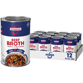 Swanson Beef Broth 14oz can, front view, a rich base for soups