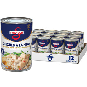 Swanson Canned Chicken a la King packaging in a twelve-pack can, ready to heat