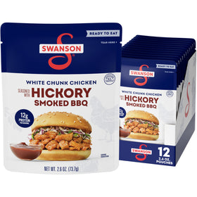 Swanson Hickory Smoked BBQ Chicken pouch, ready-to-eat for quick lunches.