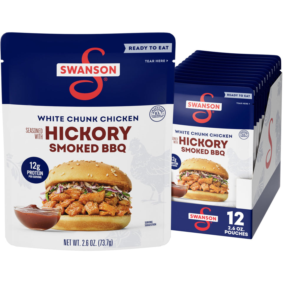 Swanson Hickory Smoked BBQ Chicken pouch, ready-to-eat for quick lunches.