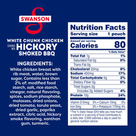 Swanson Hickory Smoked BBQ Chicken opened pouch, ideal for on-the-go snacks.