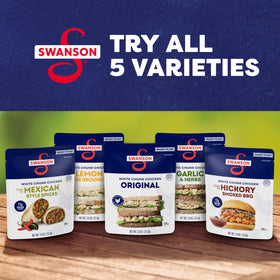 Swanson Hickory Smoked BBQ Chicken pouch, gluten-free option.