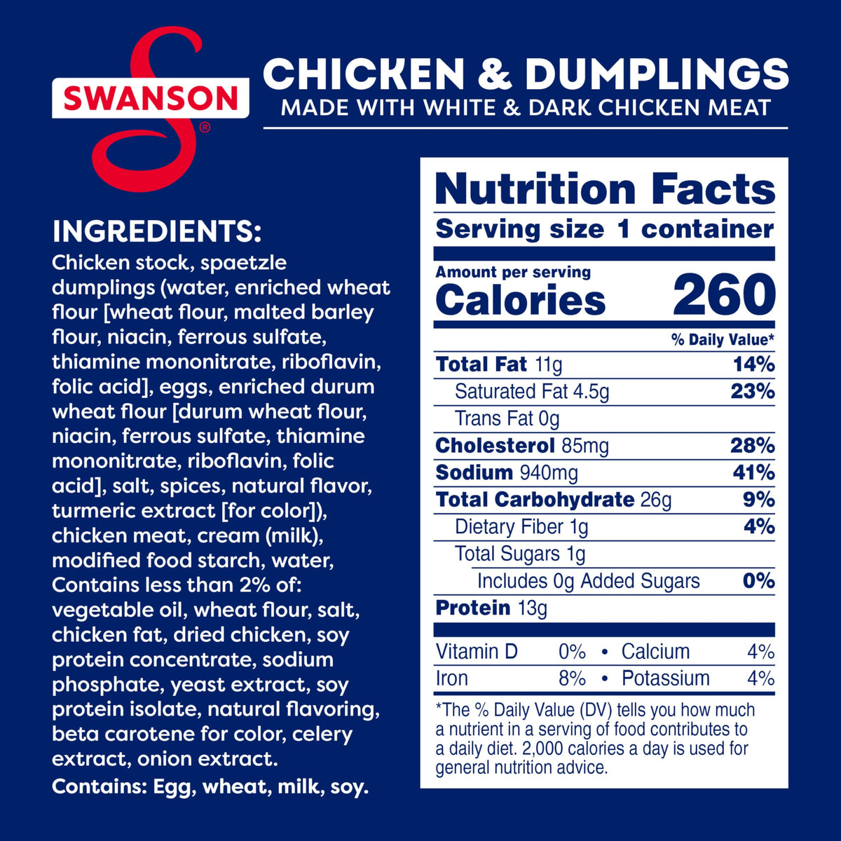 Swanson label close-up highlighting dumplings and clean ingredients.