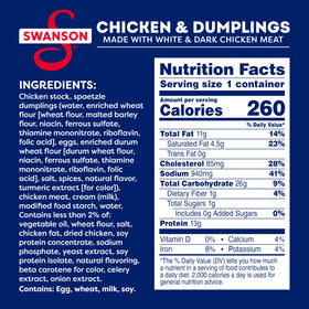 Swanson label close-up highlighting dumplings and clean ingredients.