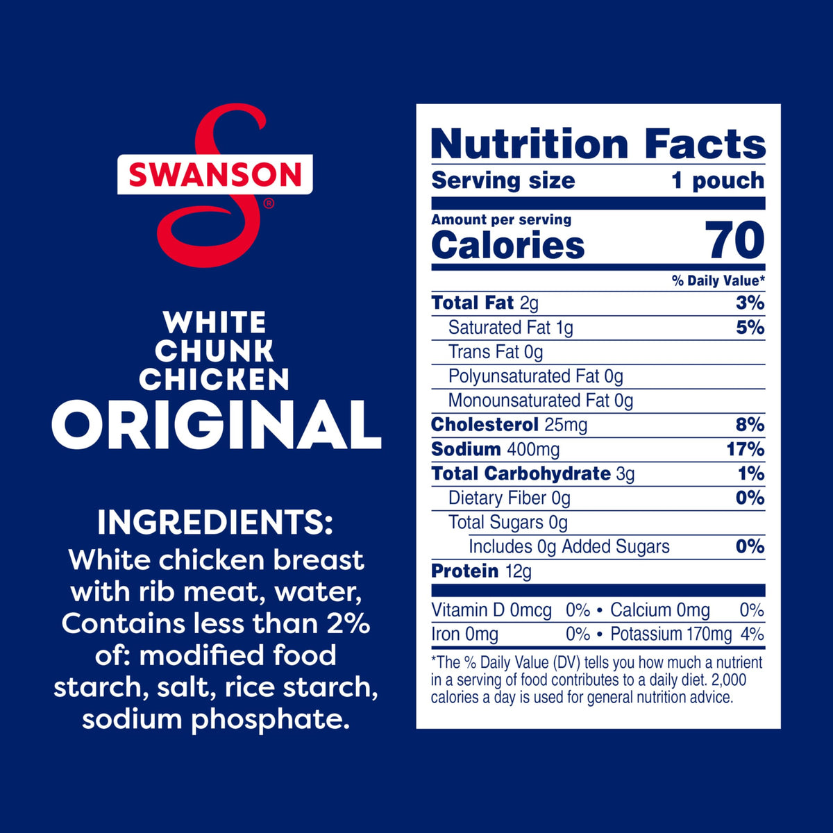 Swanson Original White Chunk Chicken twelve-pouch case pack on display.