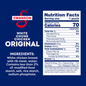 Swanson Original White Chunk Chicken twelve-pouch case pack on display.