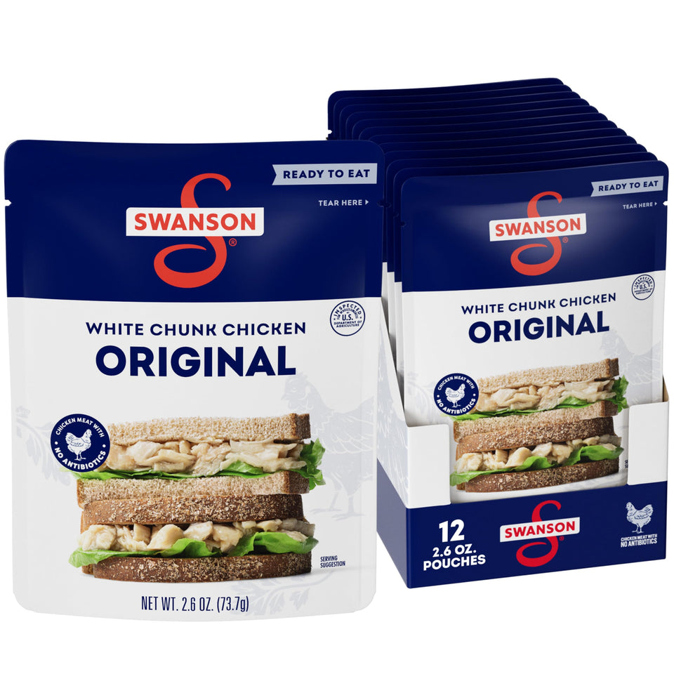 Swanson Original White Chunk Chicken pouch ready to eat for quick meals.
