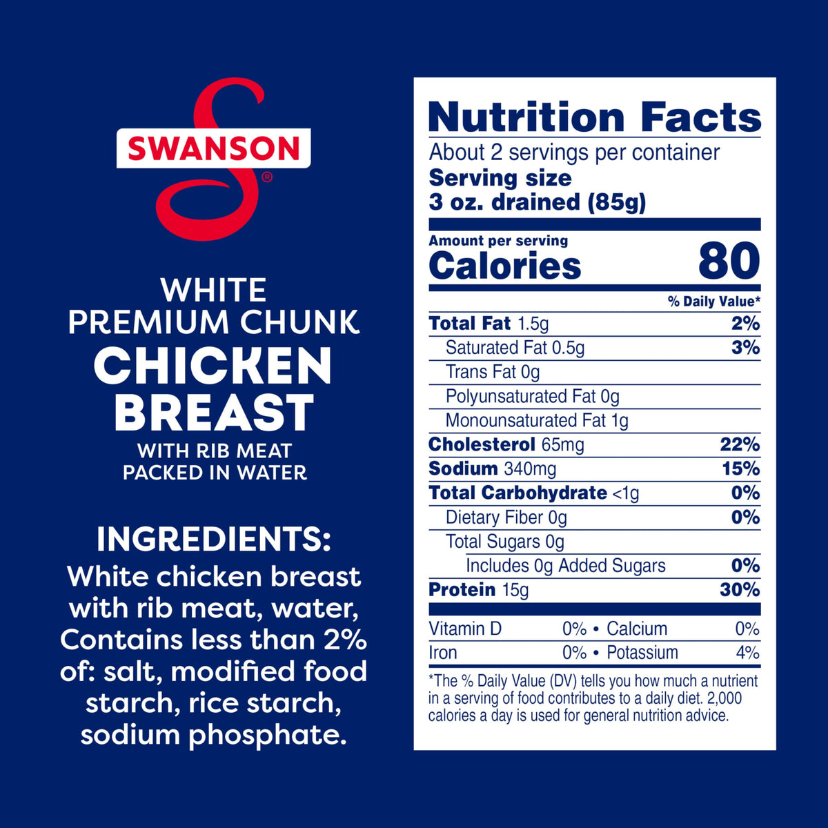 Swanson ready-to-eat chicken chunks in water for quick meals