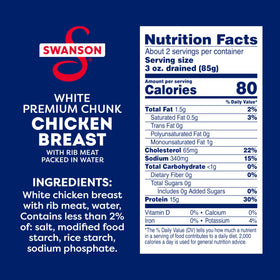Swanson ready-to-eat chicken chunks in water for quick meals