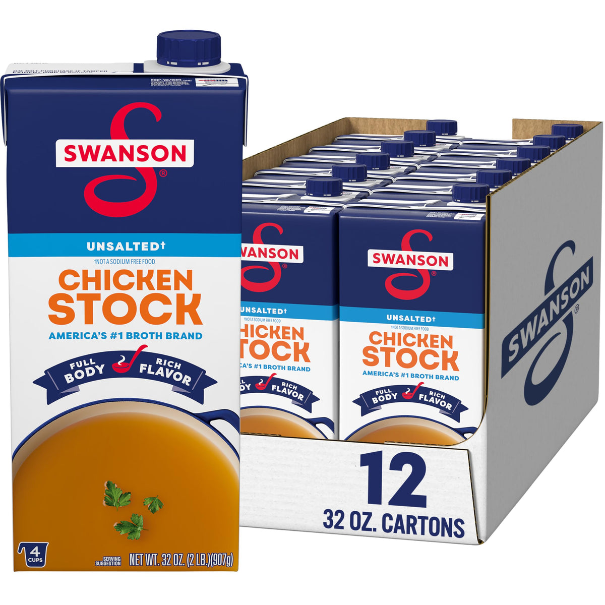 Swanson S Unsalted Chicken Stock carton on shelf for versatile recipes.