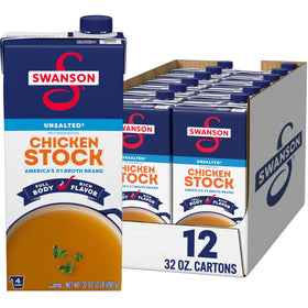 Swanson S Unsalted Chicken Stock carton on shelf for versatile recipes.