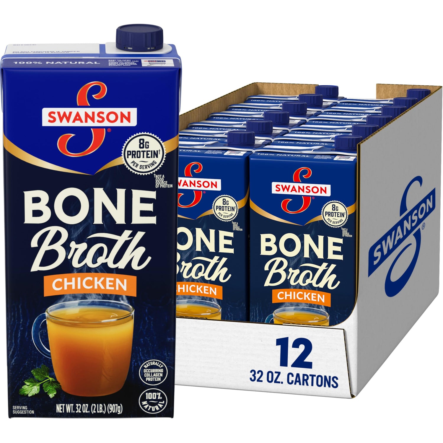 Swanson S Chicken Bone Broth carton 32oz, rich flavor for soups and protein boost.